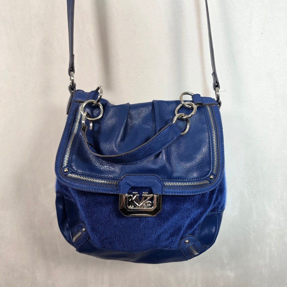 Kathy Van Zeeland Crossbody Bag Blue Faux Fur Shoulder Purse Y2K Chain Logo
